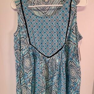 Crown & Ivy Aqua and Black Patterned Blouse Size L